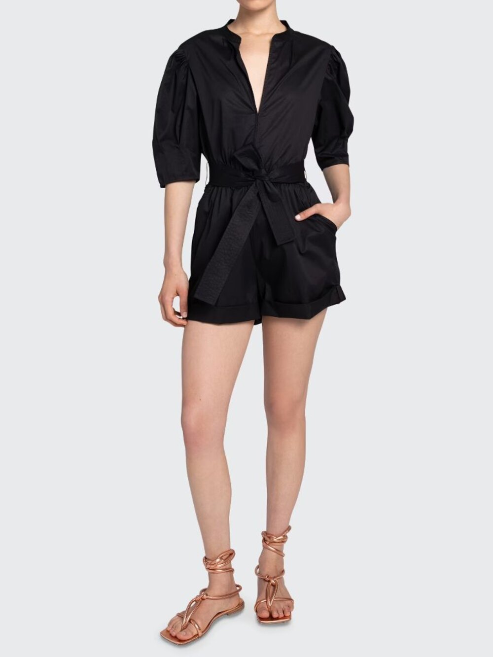 A.L.C. Erica Black Puff Sleeve Utility Romper Quiet Luxury Utility Suit Size 2